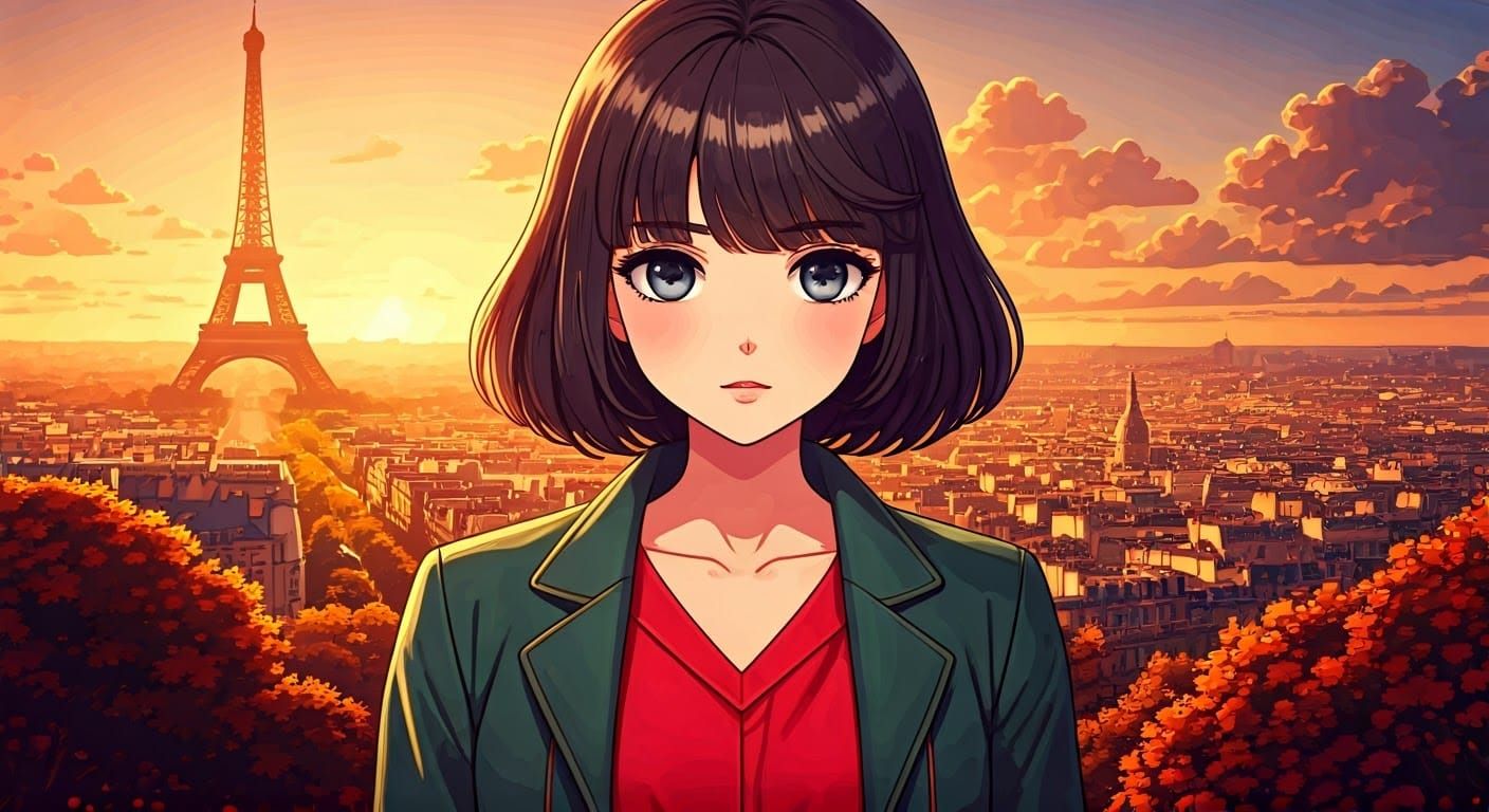 Anime Girl in Paris Sunset: Detailed 4K Illustration