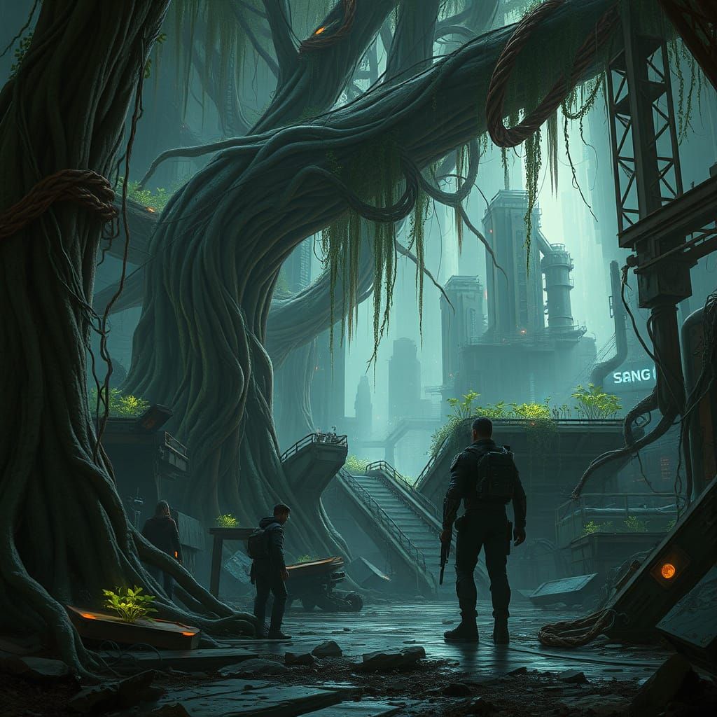 Cyberpunk Soldier in Overgrown City