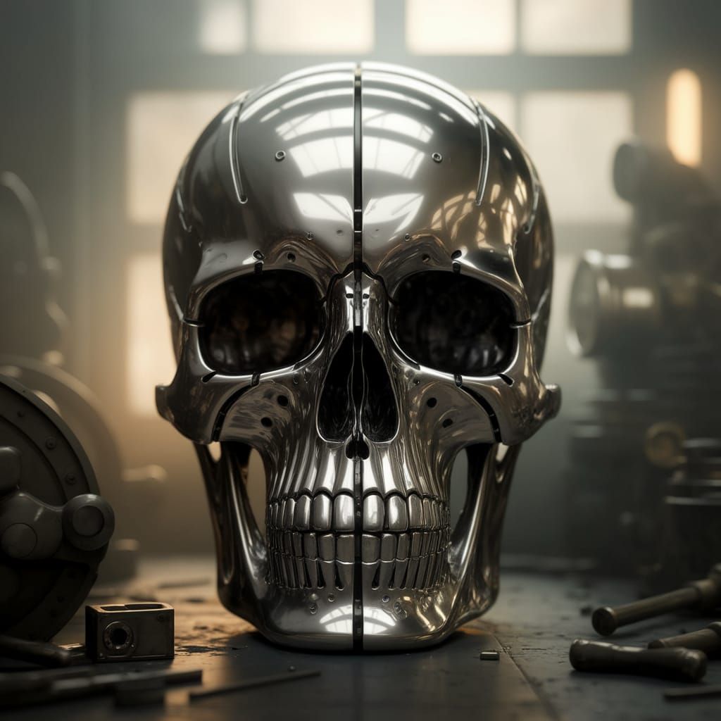 Surreal Skull Crafted from Industrial Pistons in Warm Hues