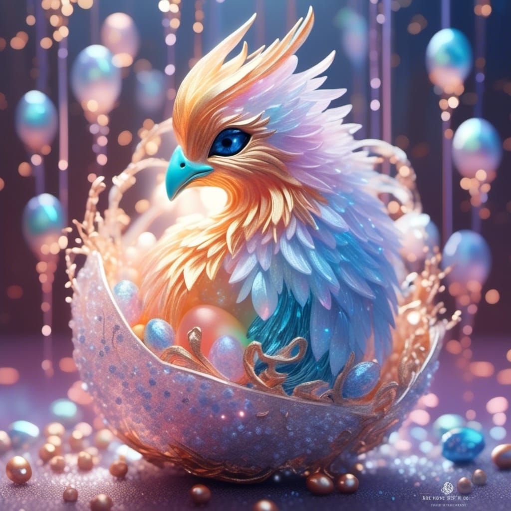 Ethereal Phoenix Hatching from Crystal Egg in Pastel Colors