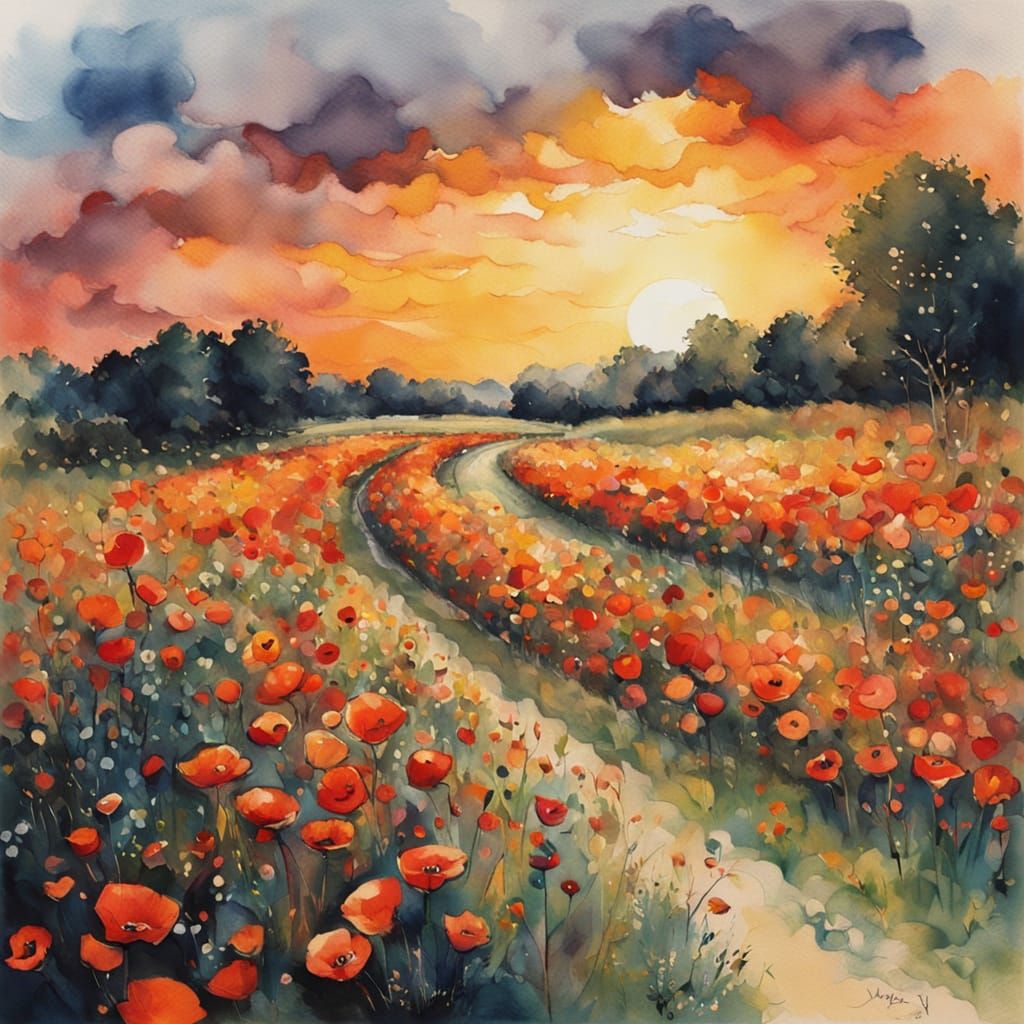 Poppy Field Path in Impressionist Watercolour Style