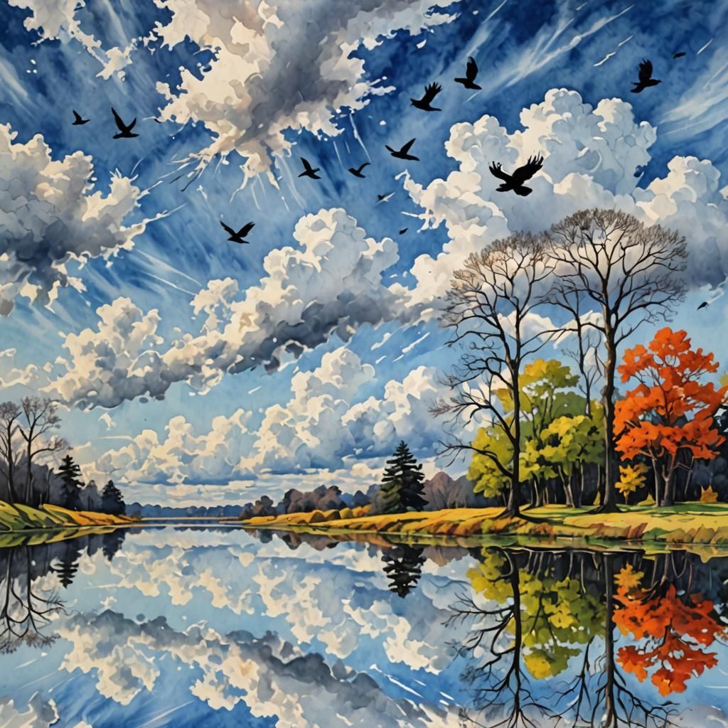Vibrant Watercolor Landscape with Mirrored Reflections