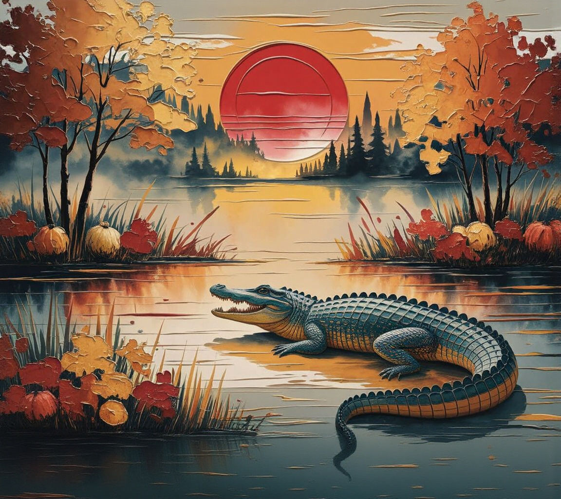 Crocodile in Misty Autumn Sunrise, Embossed Textured Paint