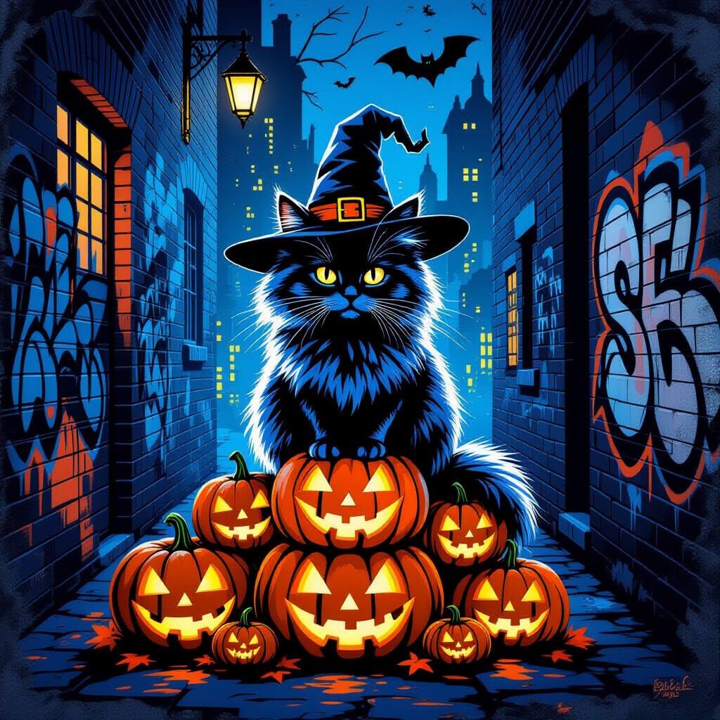 Stencil art style. A stencil of a fluffy cat wearing a tiny ...