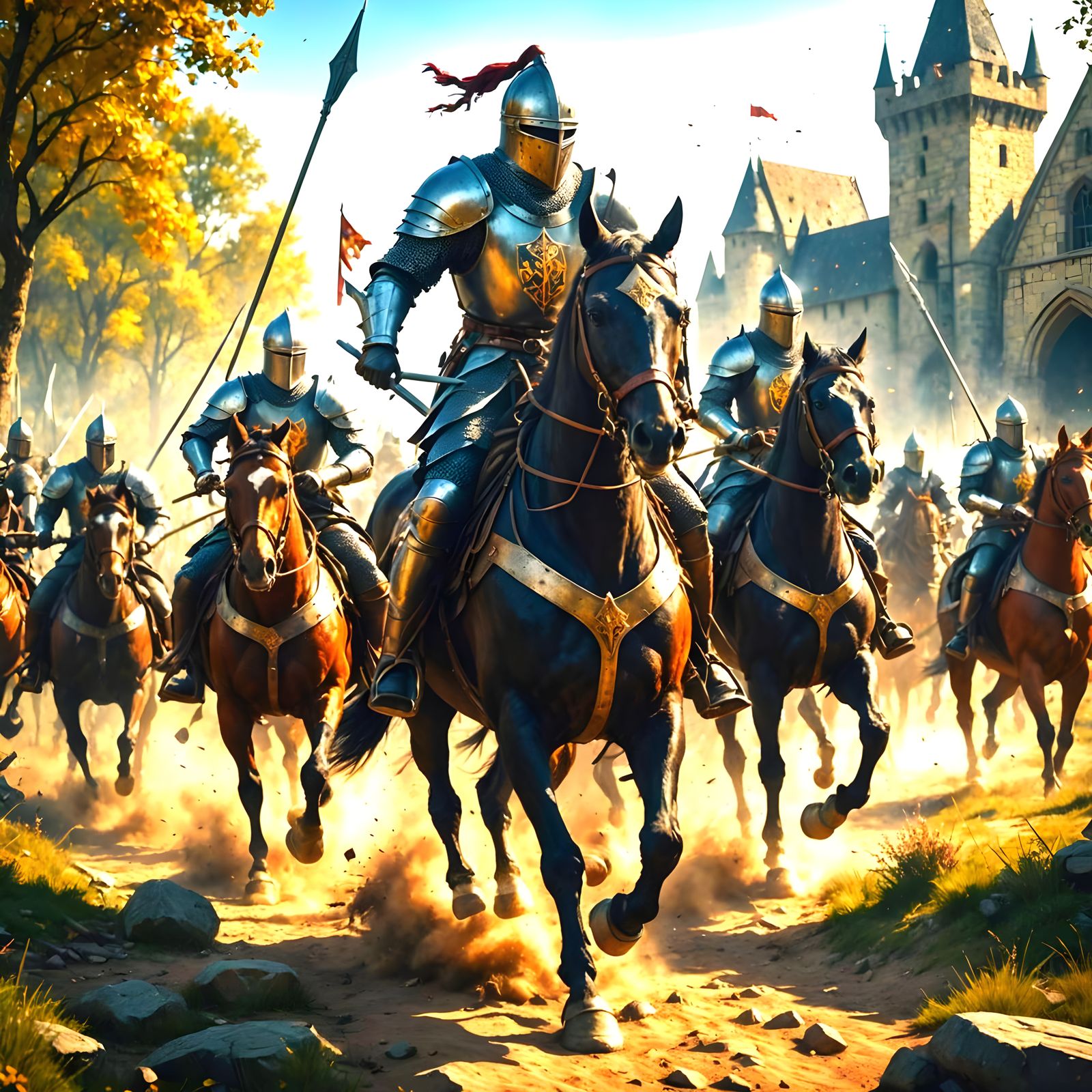 Medieval Knights Charge into Battle in Vibrant Fantasy Art
