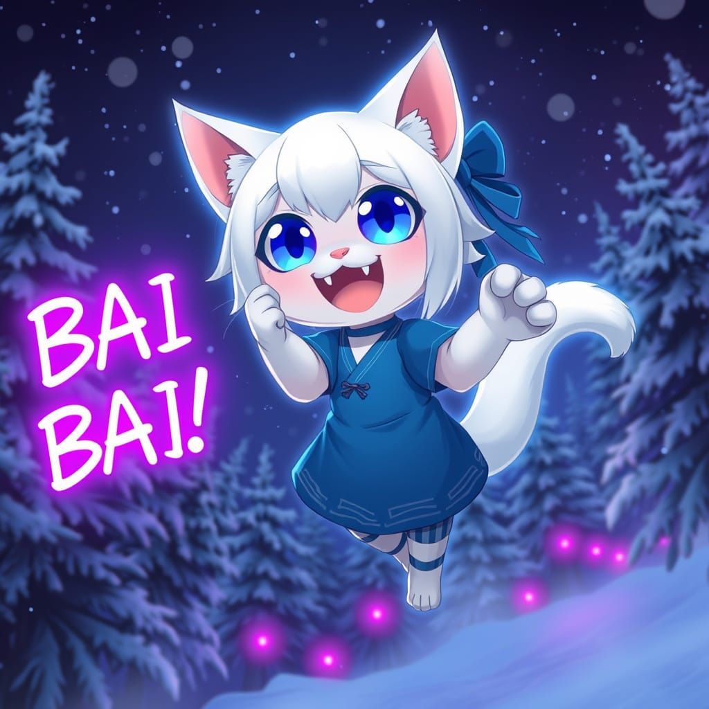 Surreal Anime Catgirl Bids Farewell in Cyberpunk Aesthetic