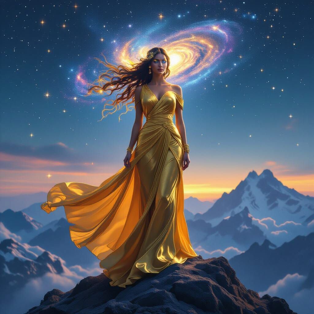 Majestic Goddess on Mountain Peak Under Starlit Sky
