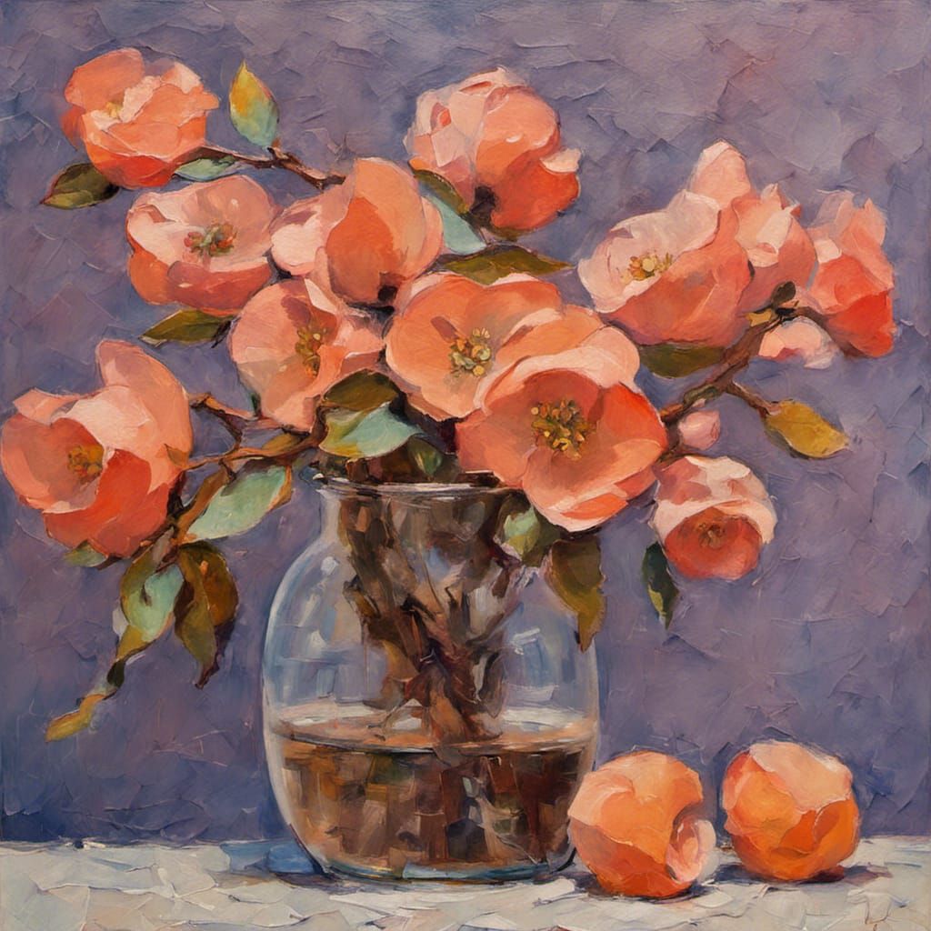 Flowering Quince in Vase: Neo-Impressionist Oil Painting
