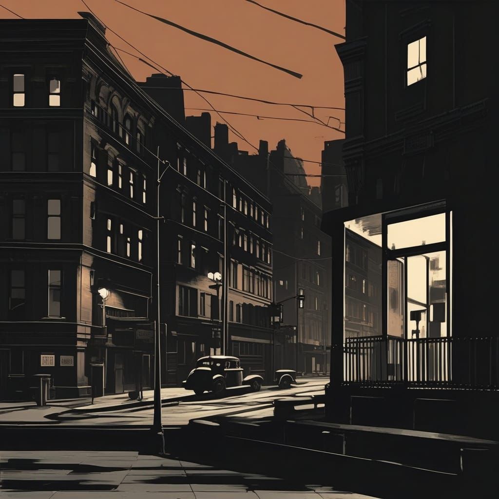 Film Noir Cityscape at Dusk in Dramatic Light