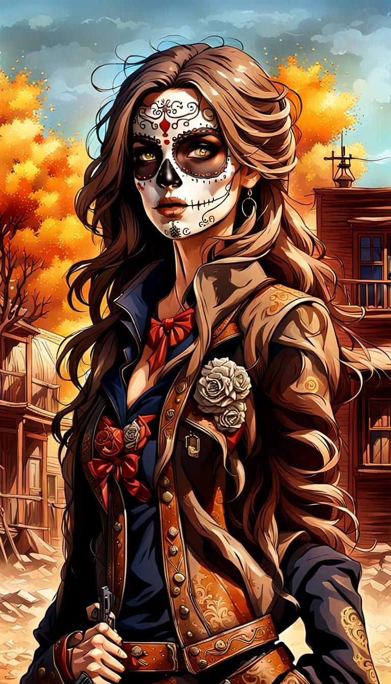 Day of the Dead Gunslinger with wavy brown hair and amber ey...