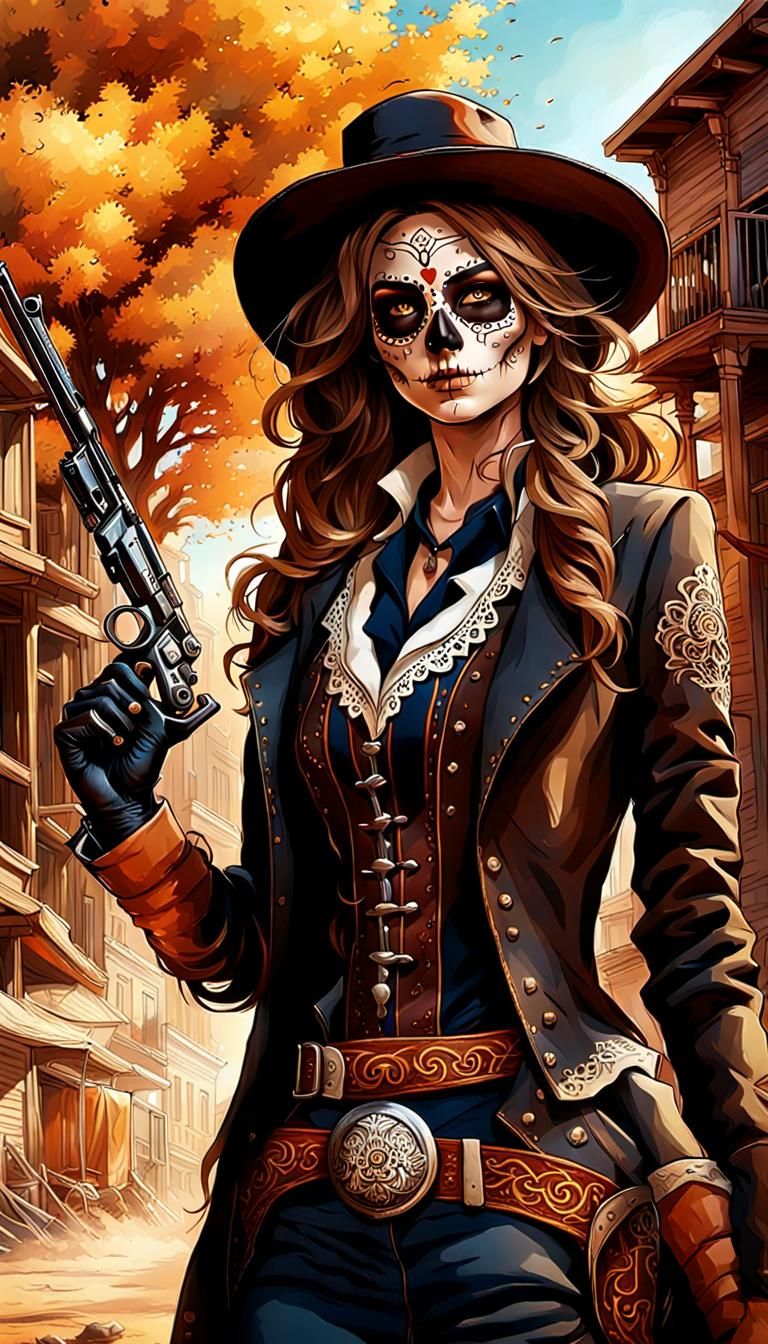 Day of the Dead Gunslinger with wavy brown hair and amber ey...
