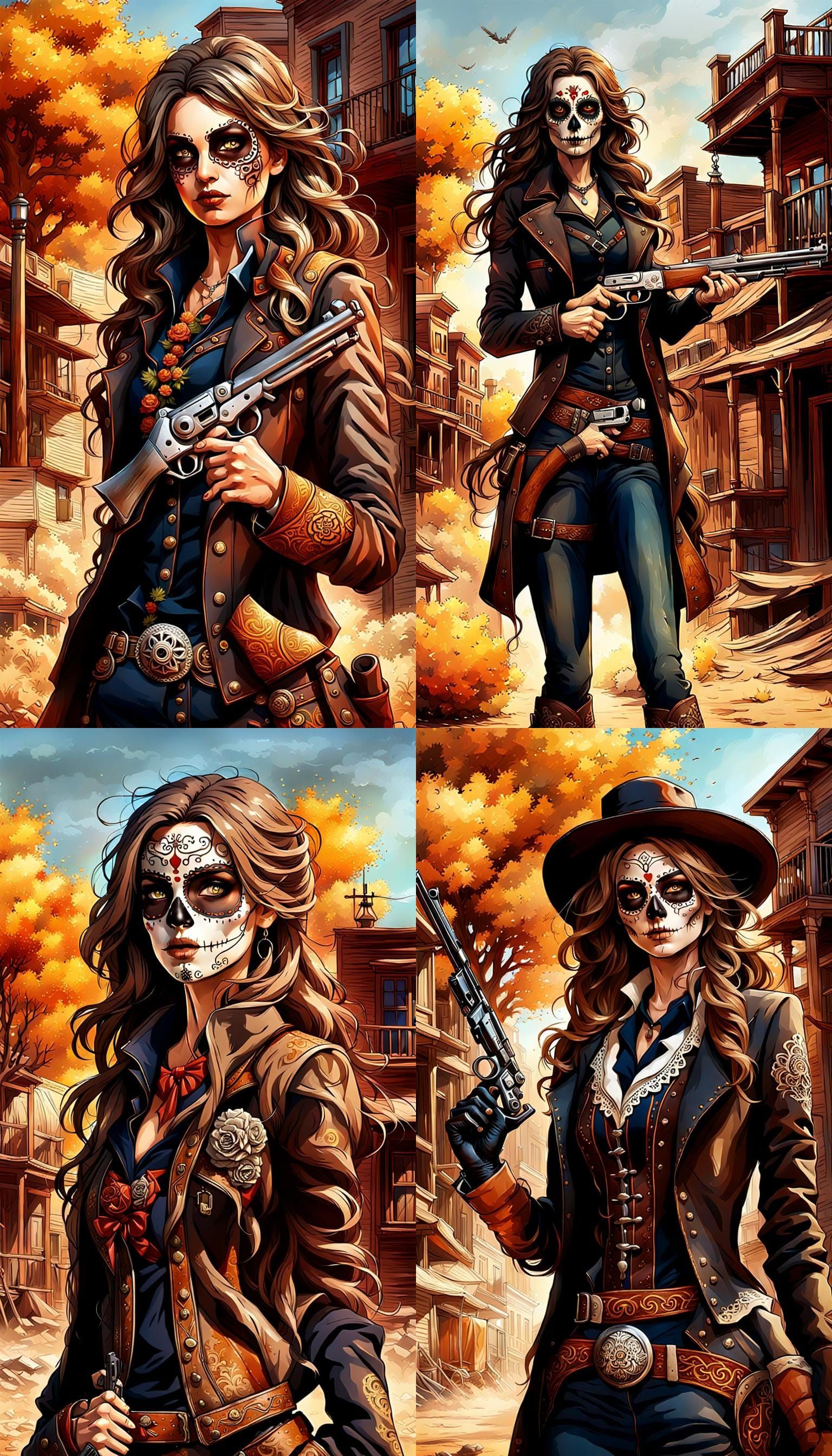 Day of the Dead Gunslinger with wavy brown hair and amber ey...