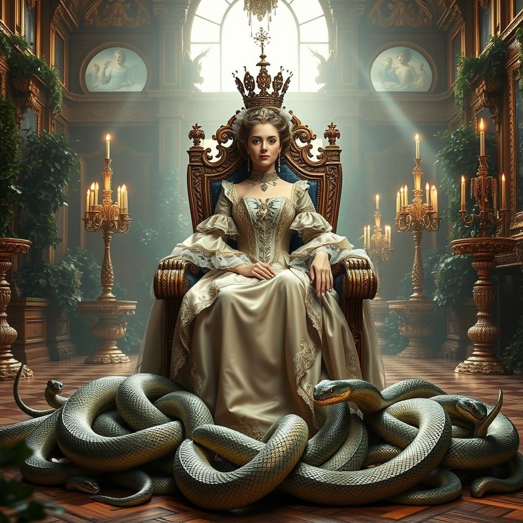 Majestic Queen Surrounded by Iridescent Serpents in the Hall...