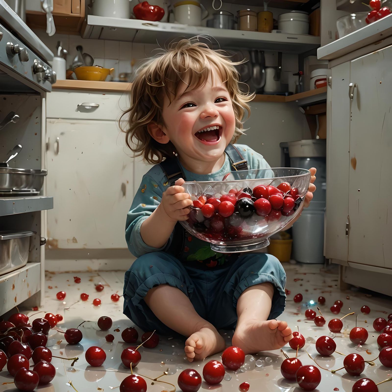 Laughing Child with Cherries in Kitchen