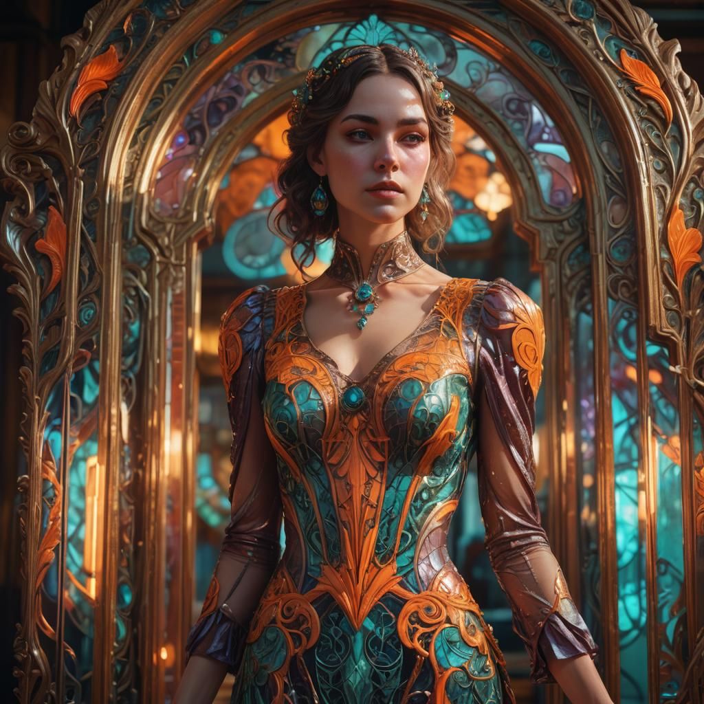 Woman in Art Nouveau Neon Dress