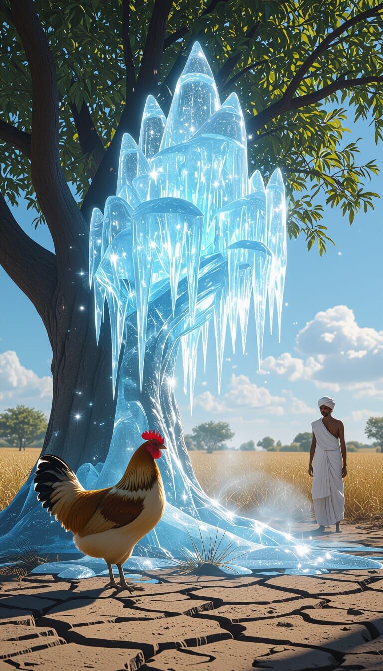 Hen and Magical Ice Tree in Rural Setting as 3D Render