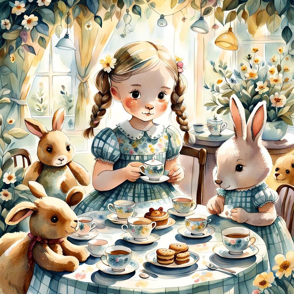 Whimsical Tea Party with Stuffed Animals in Watercolour Styl...