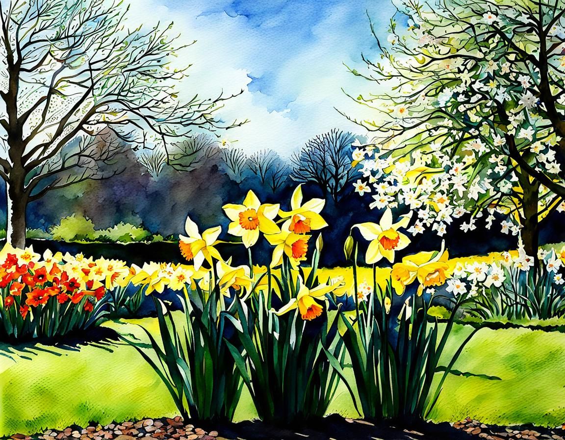 Daffodils Flowering in Spring Garden: Watercolor