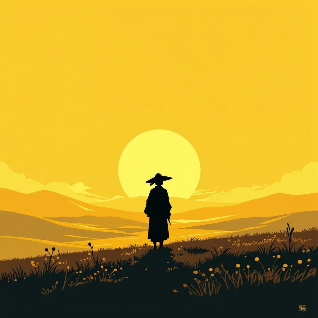 Lone Asian Traveler Silhouetted in Vast Golden Landscape