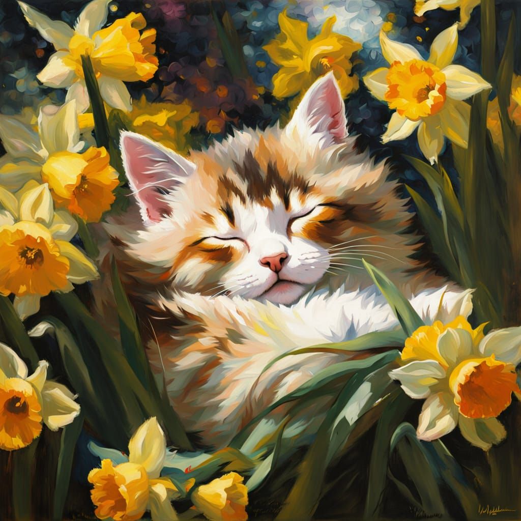 Vibrant Kitten Amidst Daffodils in Whimsical Oil Painting