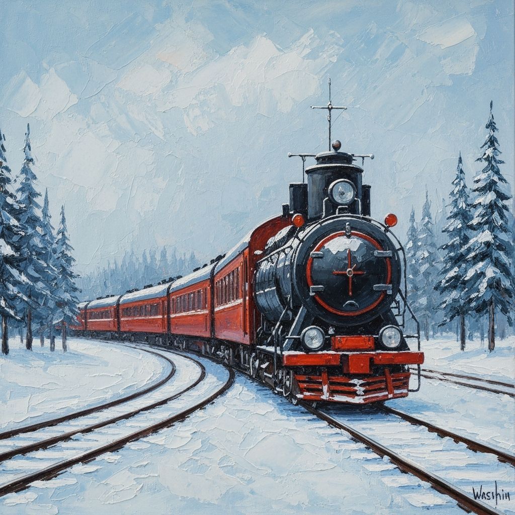 Winter Train Landscape in Impasto Acrylic Style