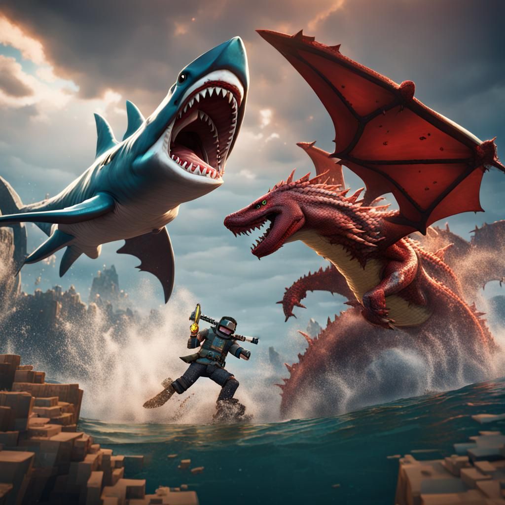 Shark vs Dragon in Minecraft: Detailed Matte Painting