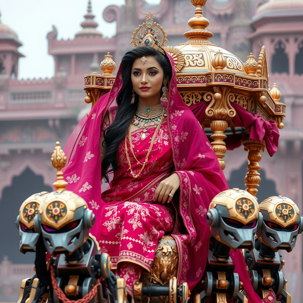 Elegant Indian Woman Rides Palanquin in Futuristic Style