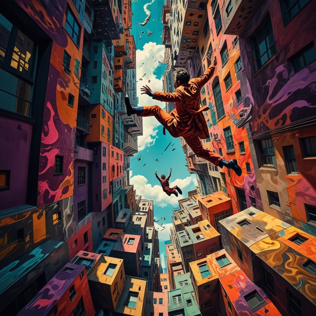 Psychedelic Surrealism: Person Falls Between Twirling Buildi...