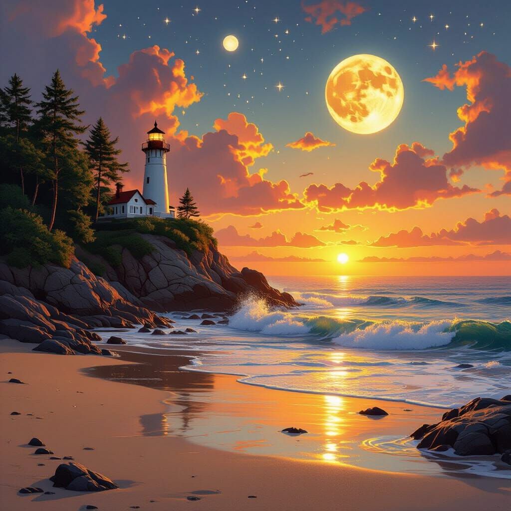Magical Coastal Sunset with Lighthouse and Moon