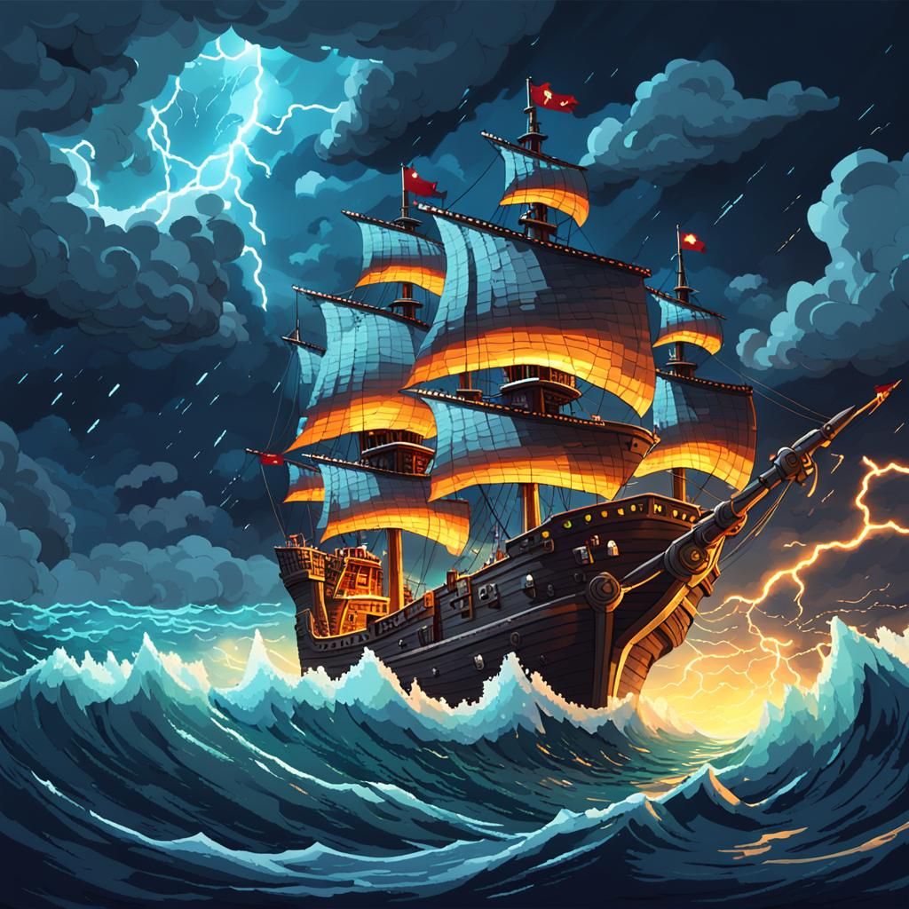 Pixelated Pirate Ship Sails on Stormy Seas