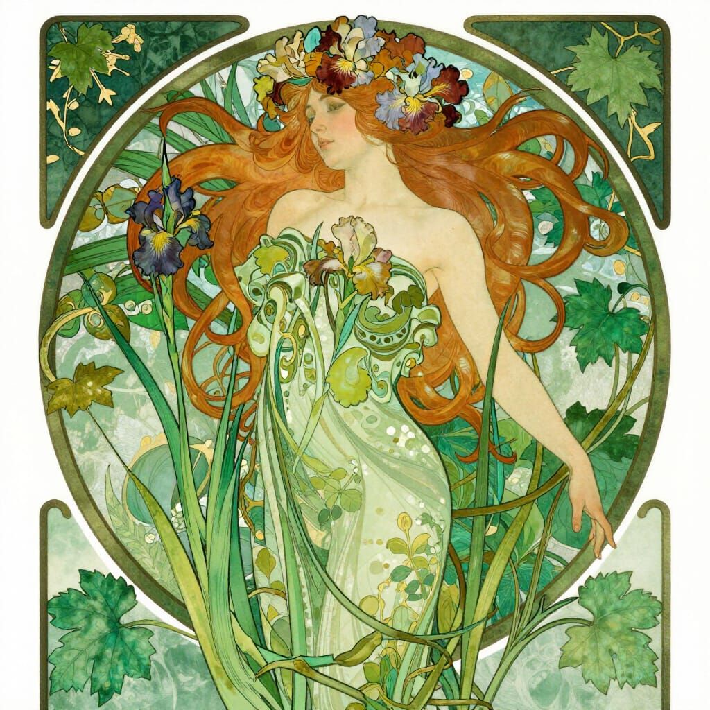 Art Nouveau Woman in Emerald Green Vine Frame
