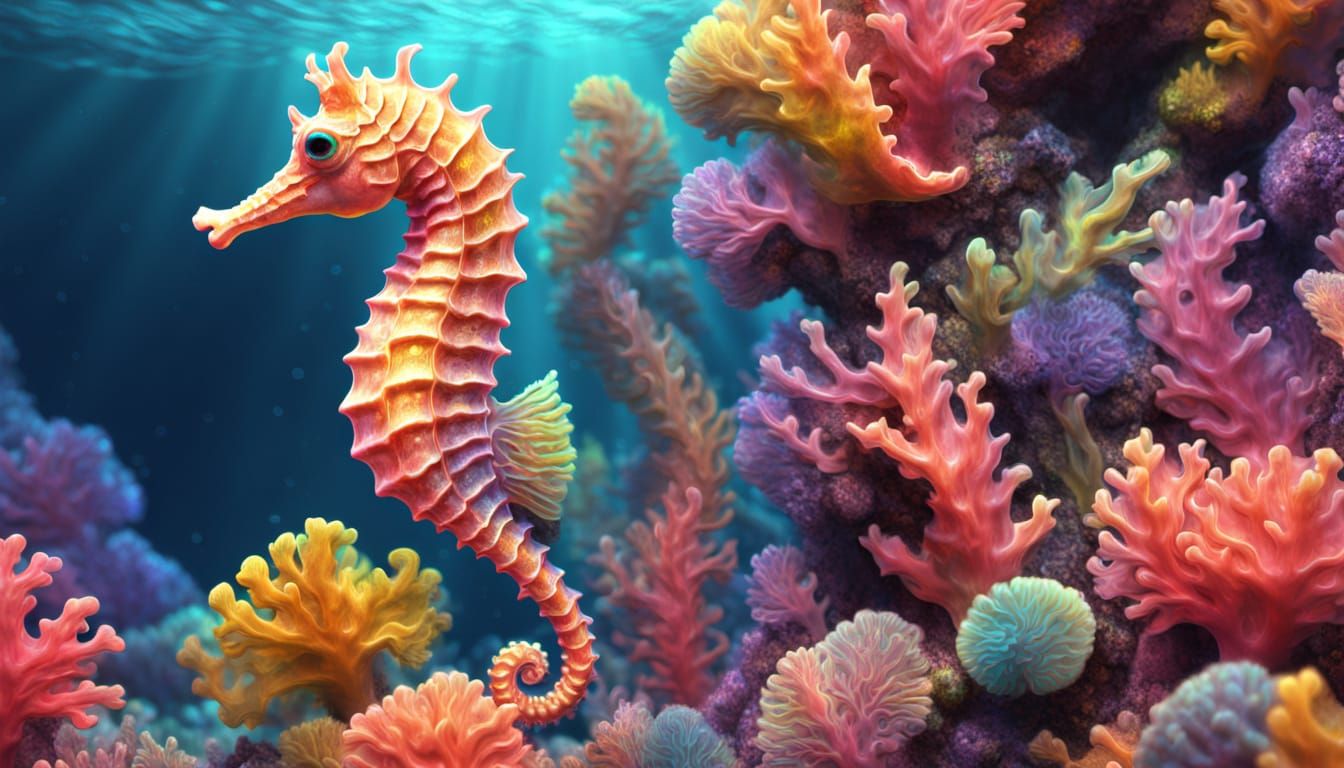 Surprised Seahorse in Coral Reef: Vibrant Digital Art