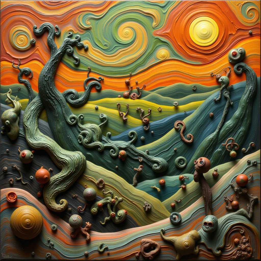 Vibrant Figures in Neon Hues: An Impasto Painting