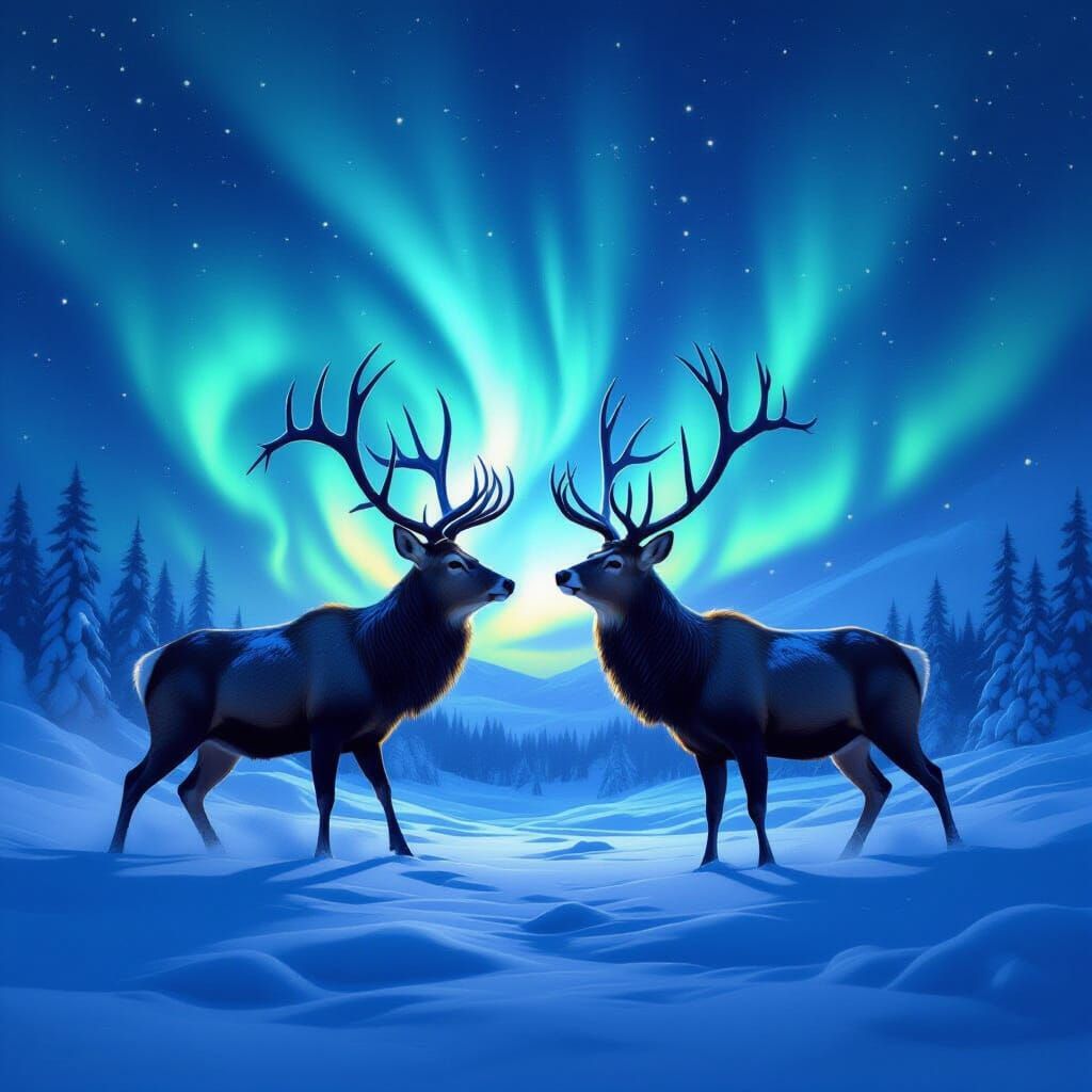 Deer Battle Under Aurora Borealis in Blizzard