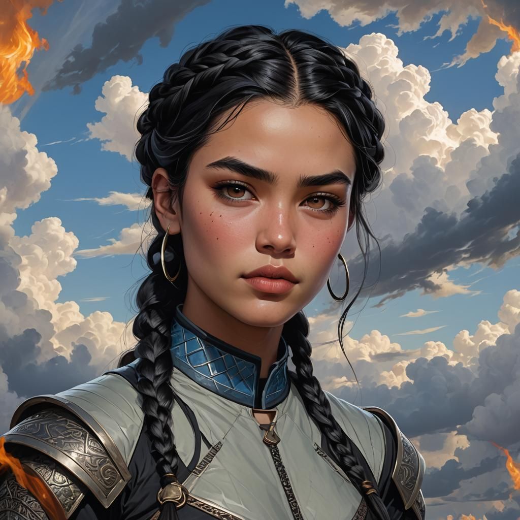 Warrior Woman in Crimson Armor Amidst Fiery Clouds