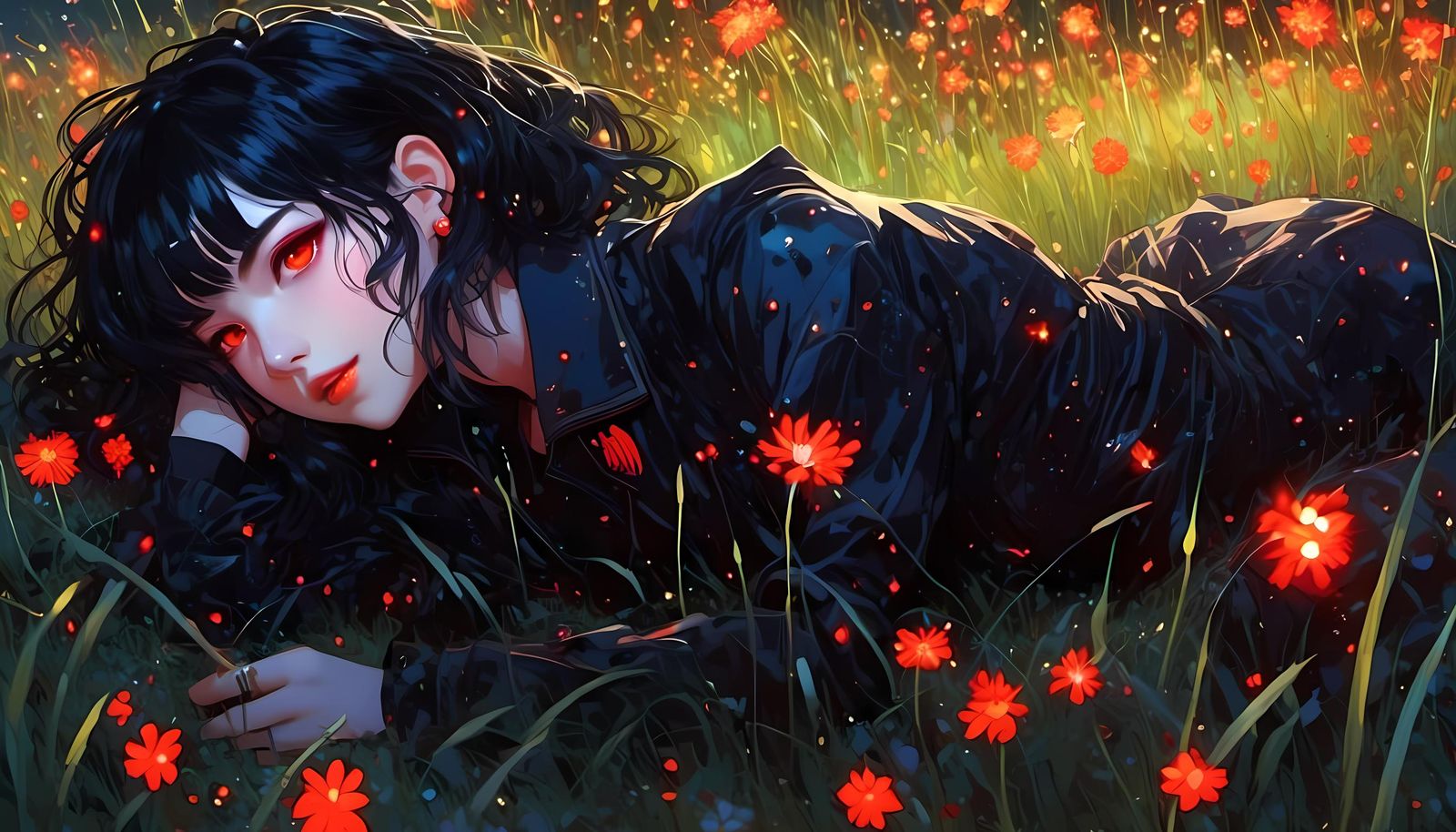 Girl in Meadow Portrait with Fireflies