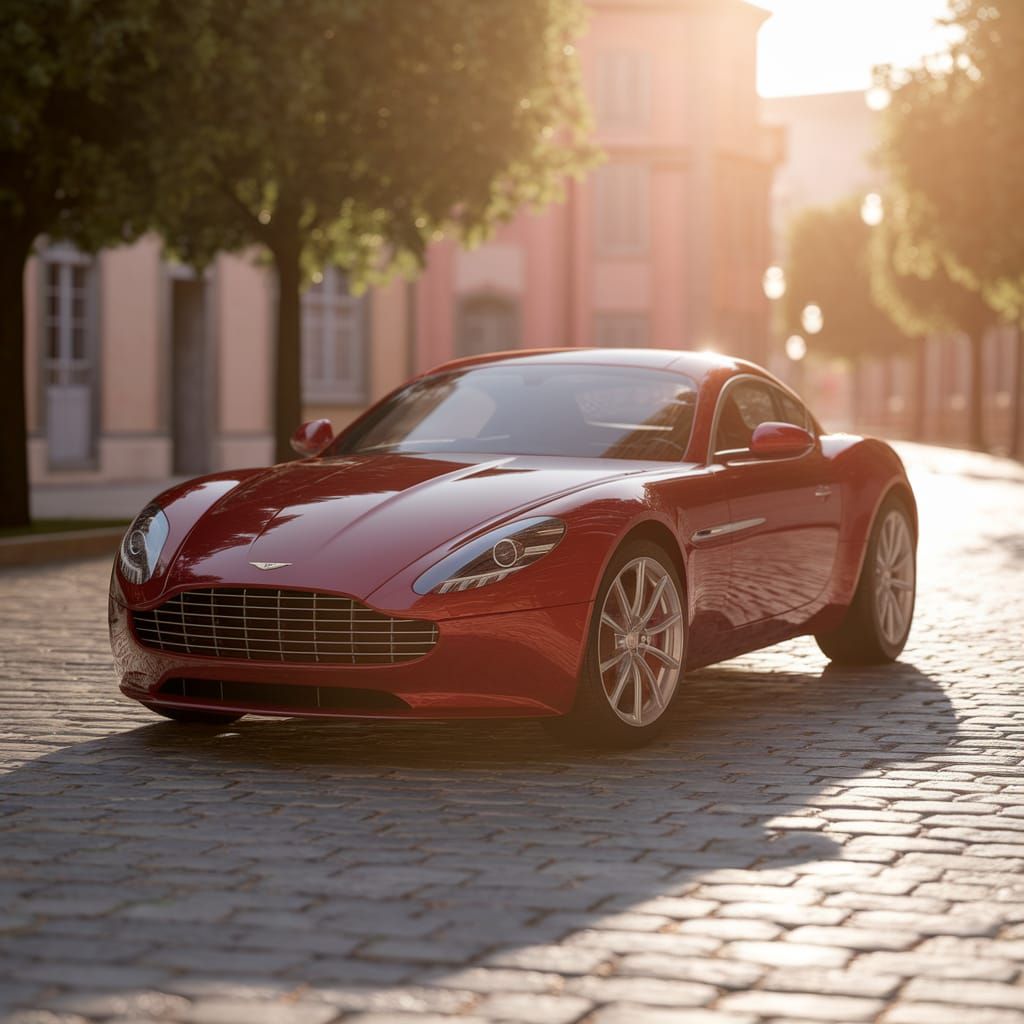 Crimson Sports Car in Golden Sunlight