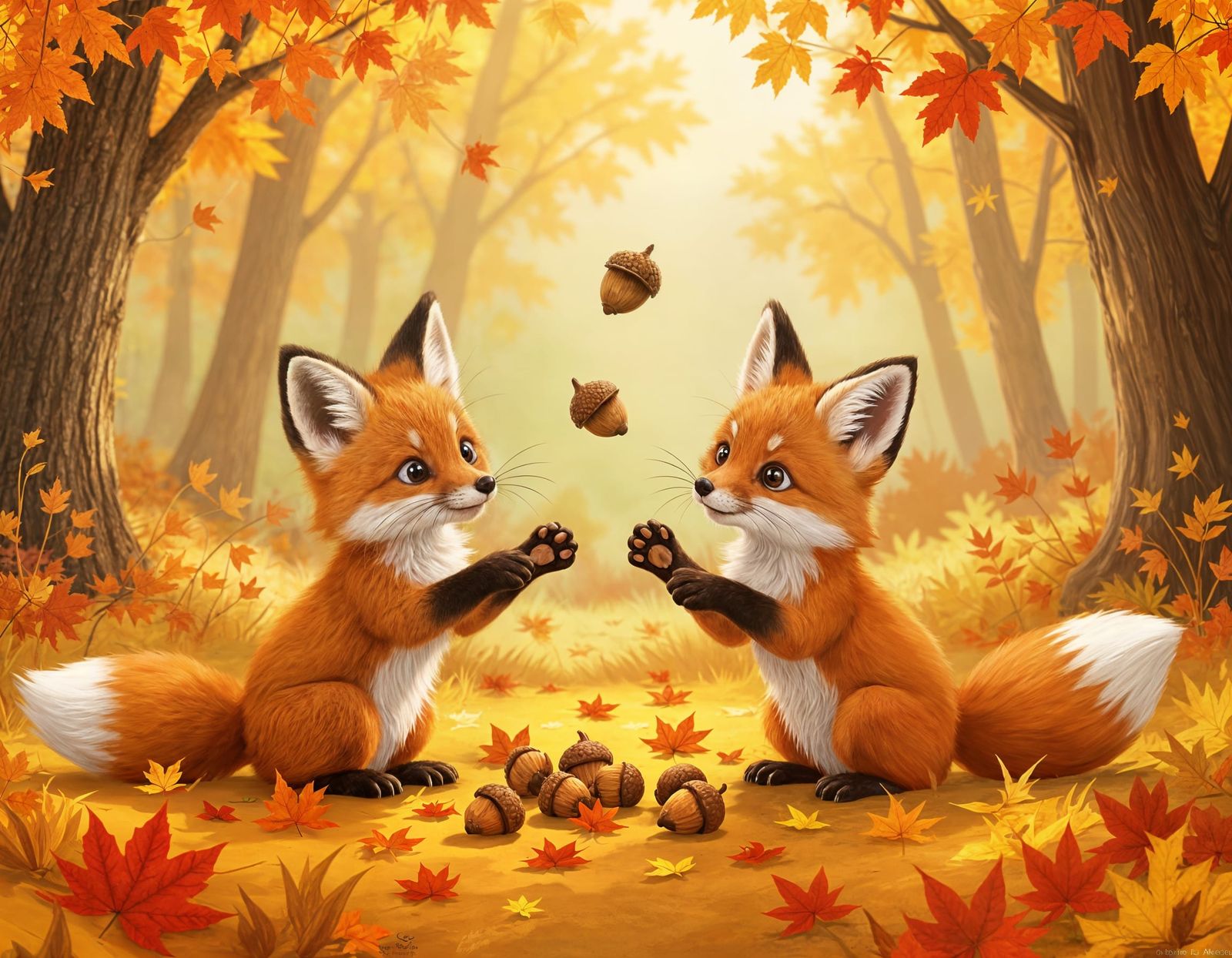 Whimsical Fox Kittens Play With Acorns in Autumn Forest