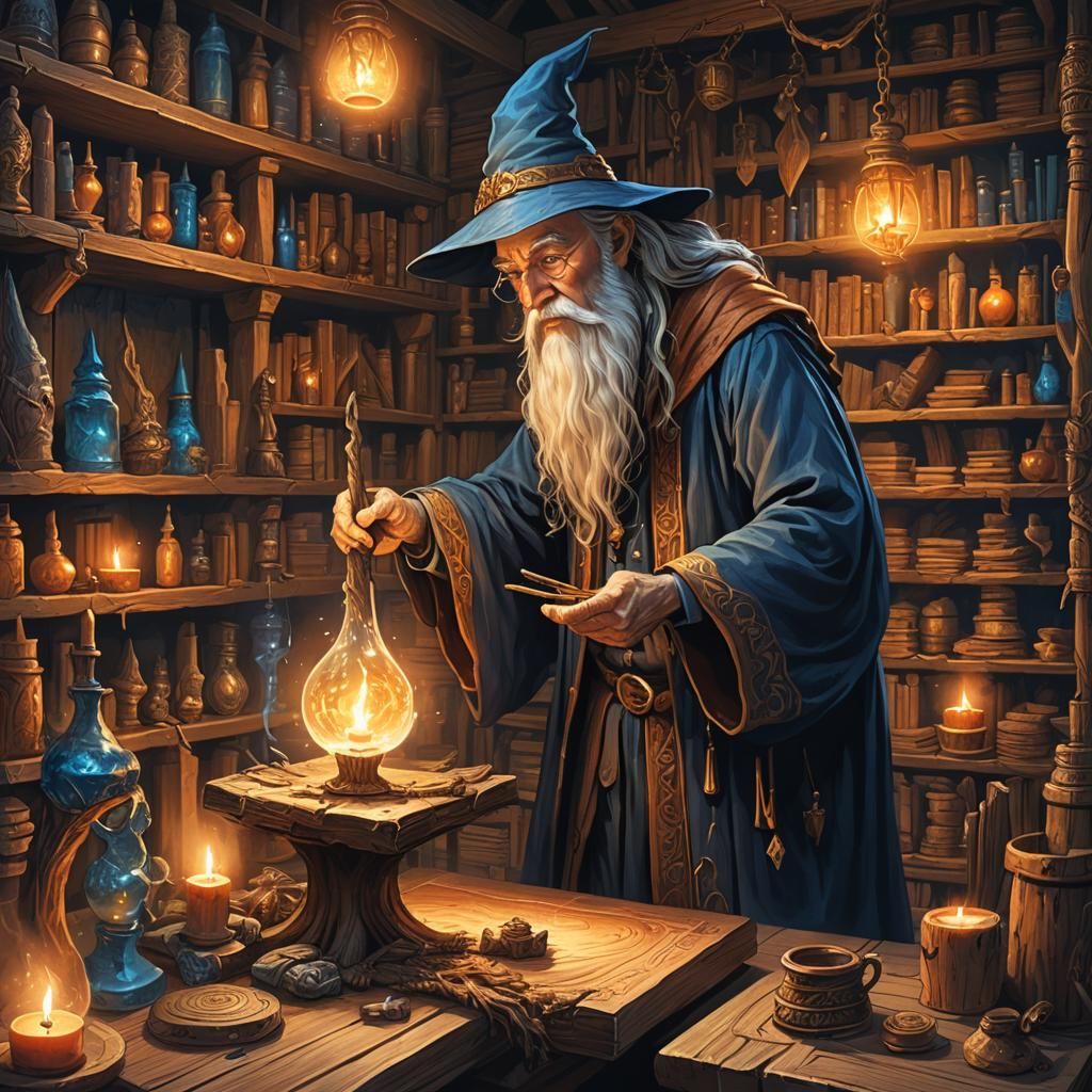 Wizard Crafts Magical Staff in Ancient Workshop