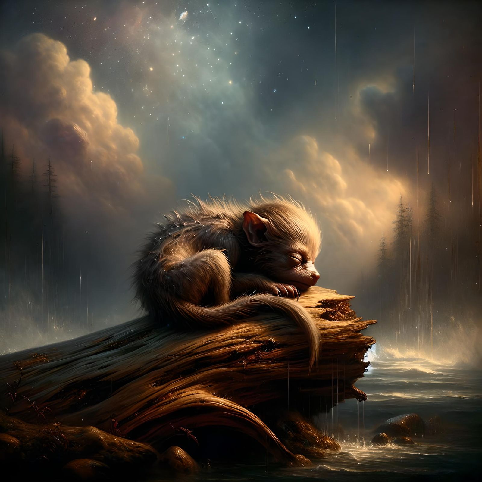 Hyperrealistic Baby Werewolf in Mystical Fog