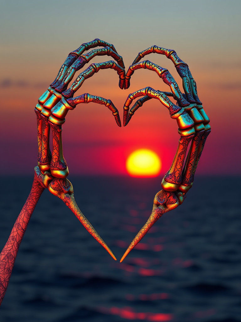 Ethereal Skeleton Arms Form a Heart in Vibrant, Iridescent D...