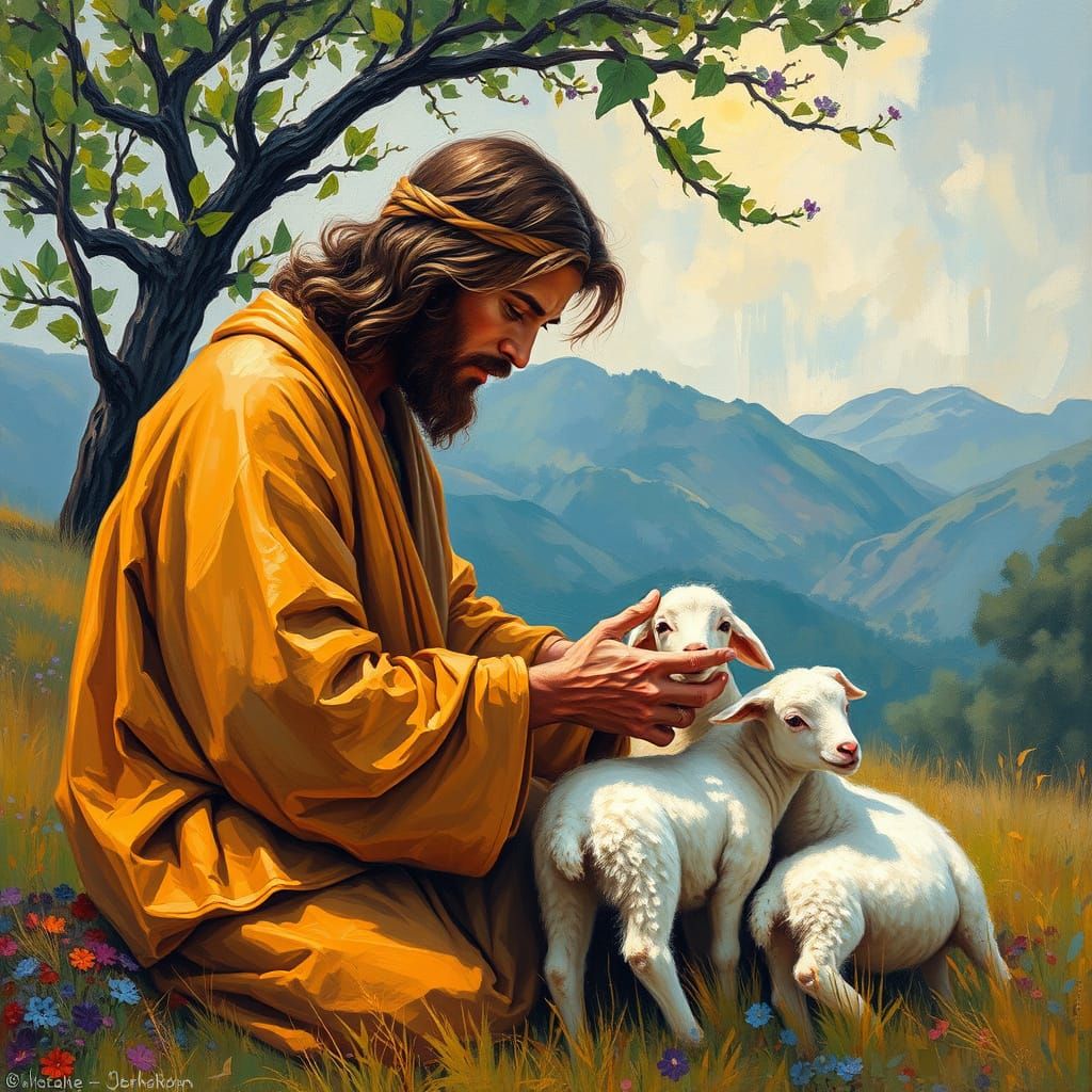 Jesus Tending Lambs in Neo-Impressionist Pastoral Style