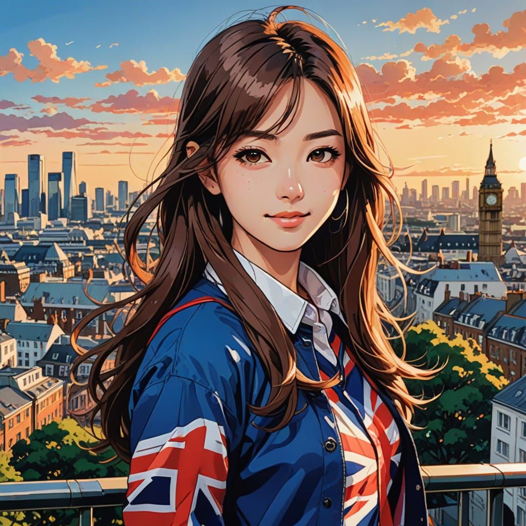 British College Girl Manga Portrait in Vibrant London Citysc...
