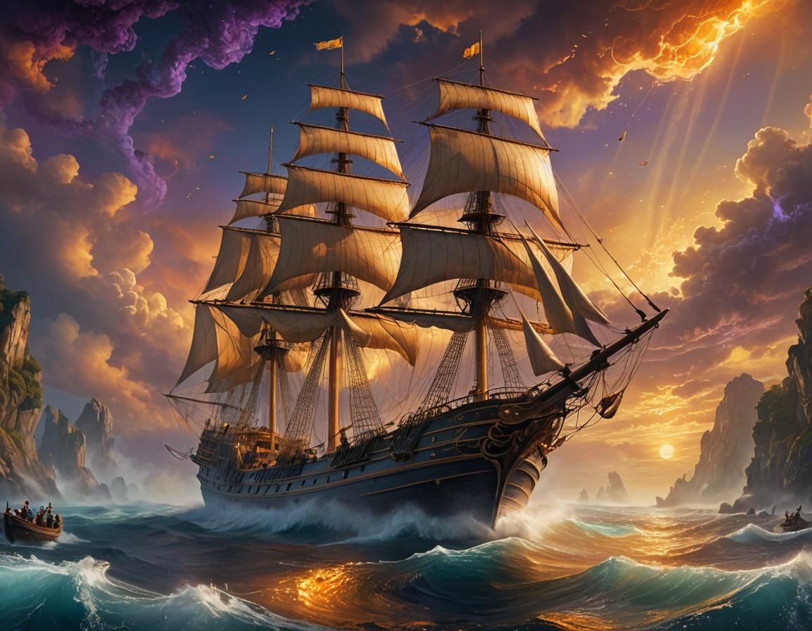 Sailing Ship on Mystical Sea, Fantasy Concept Art