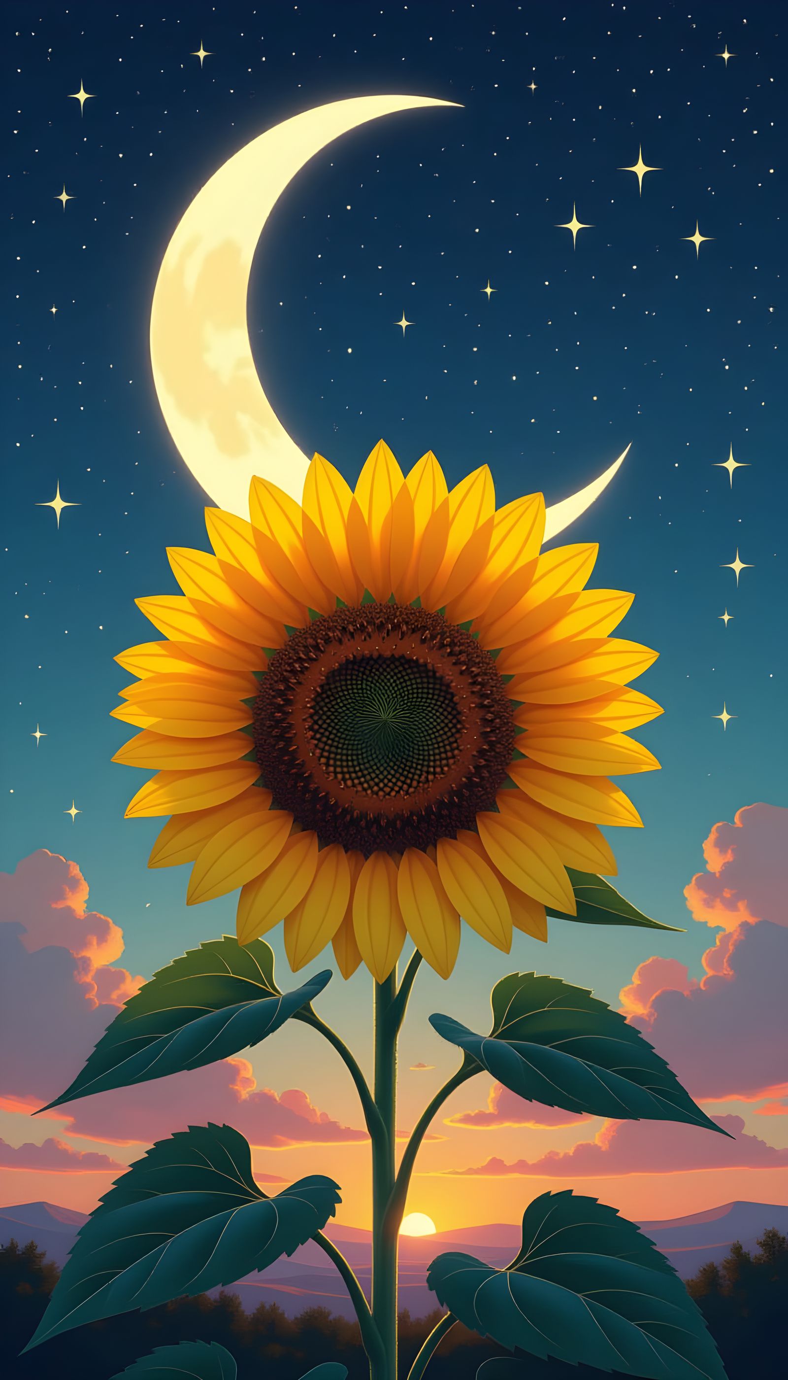 Sunflower and Half-Moon in Starry Night Sky