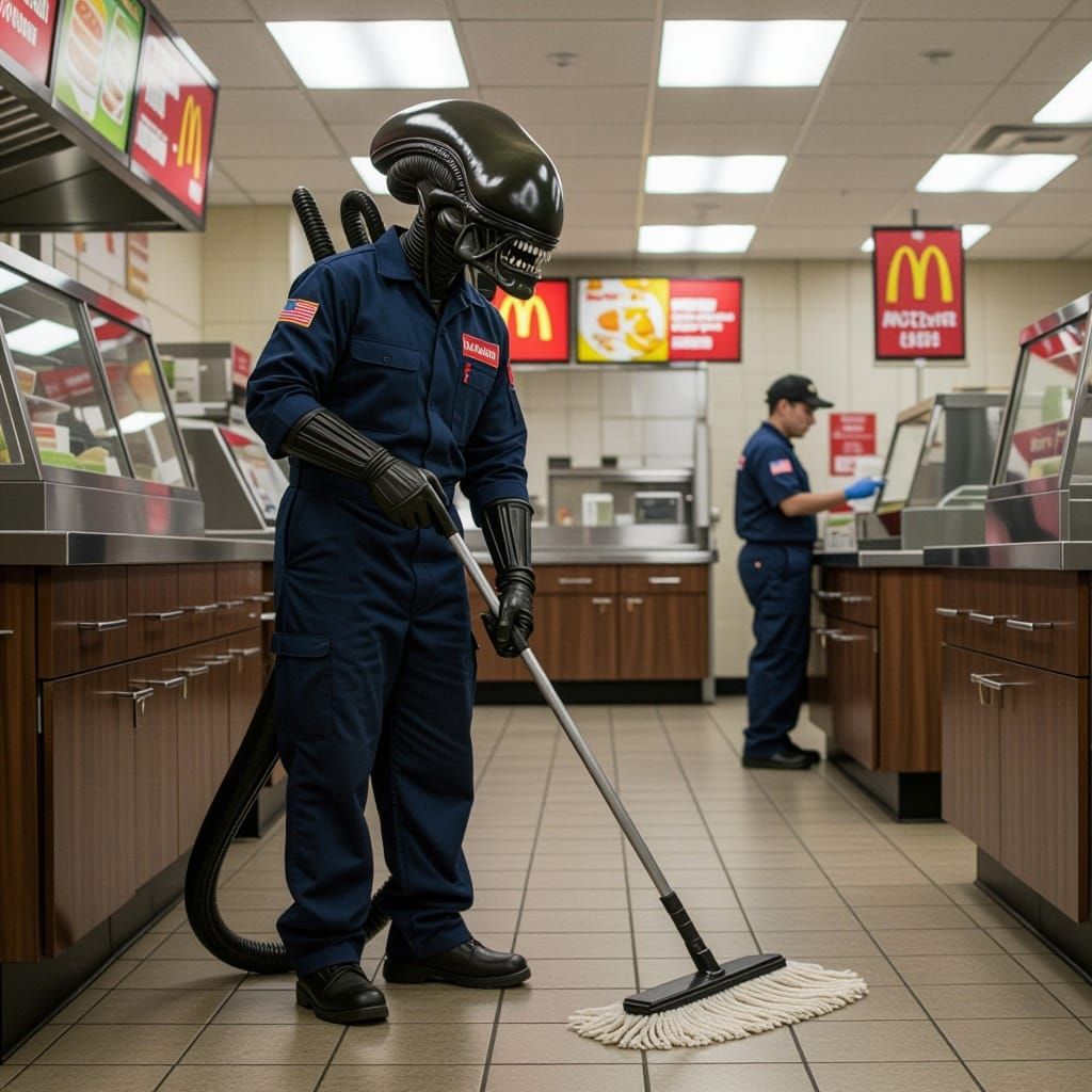 Xenomorph Burger Vendor Mopping Floor