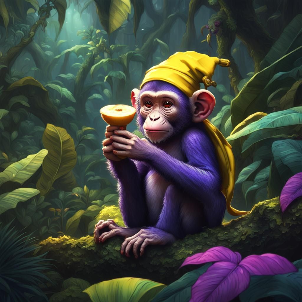 Baby Monkey Enjoying Banana in Jungle, Detailed Art