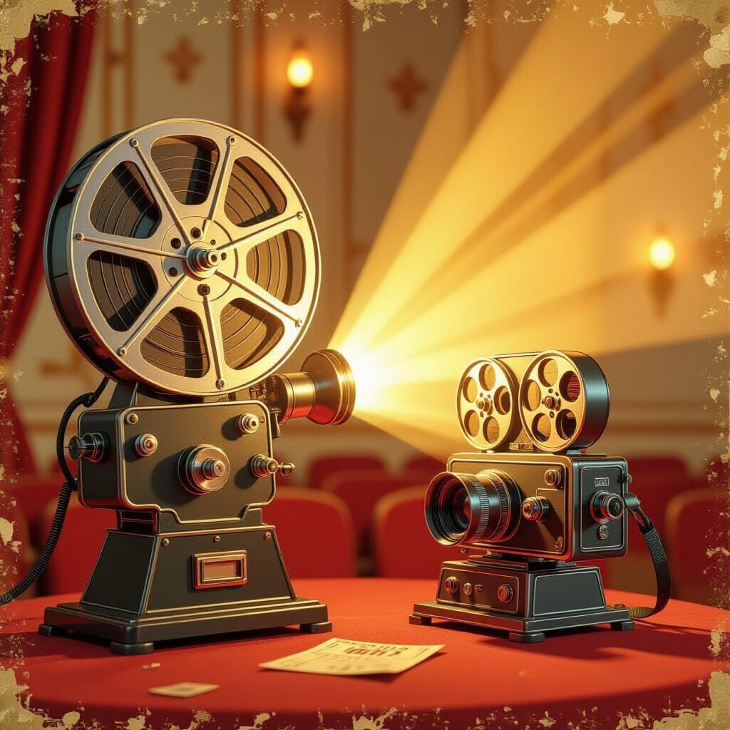 Retro Cinema in Watercolor Hyperrealism Style