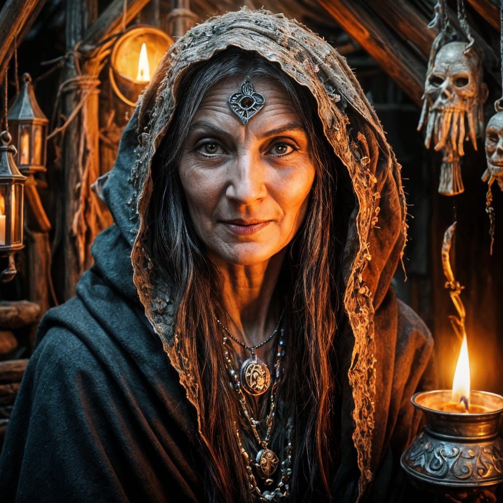 Creepy Baba Yaga Portrait in Candlelit Cottage