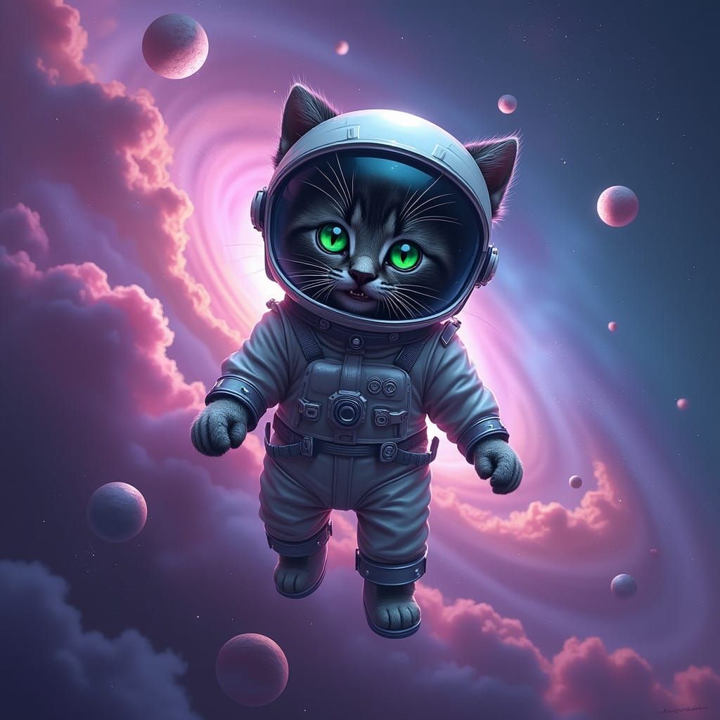Adorable Black-Striped Kitten in Cosmic Space Suit